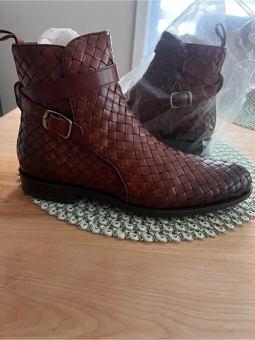 Taft Brown Woven Leather Chelsea Boots with Buckle NEW